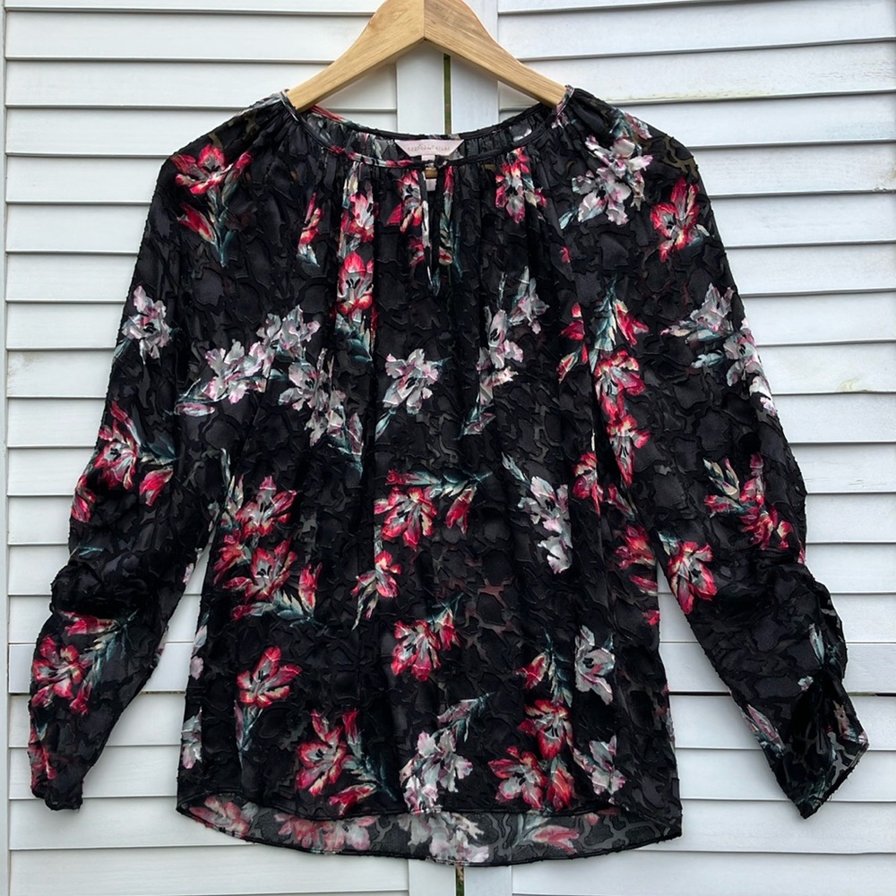 Rebecca Taylor Silk Black Floral Burnout Noha Ruched Sleeve Blouse Size 4